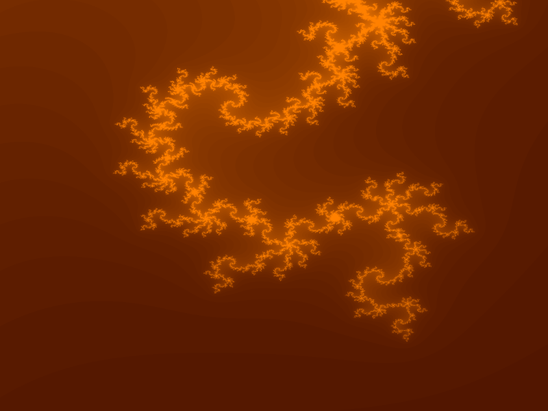 an orange, zoomed in section of a julia set. it bears a little resemblance to a dragon